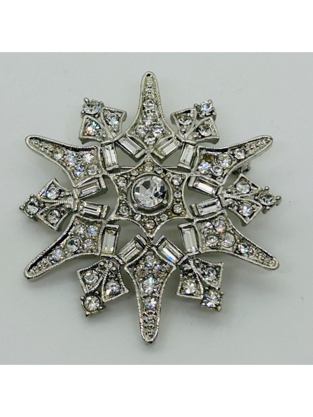 Christopher Radko Snowflake Brooch Pin Silver Tone Clear Rhinestone Baguette